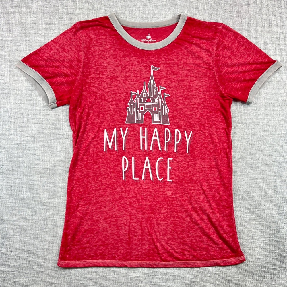 Disney Parks Authentic My Happy Place T Shirt Womens Large Red Ringer Short Slv‎